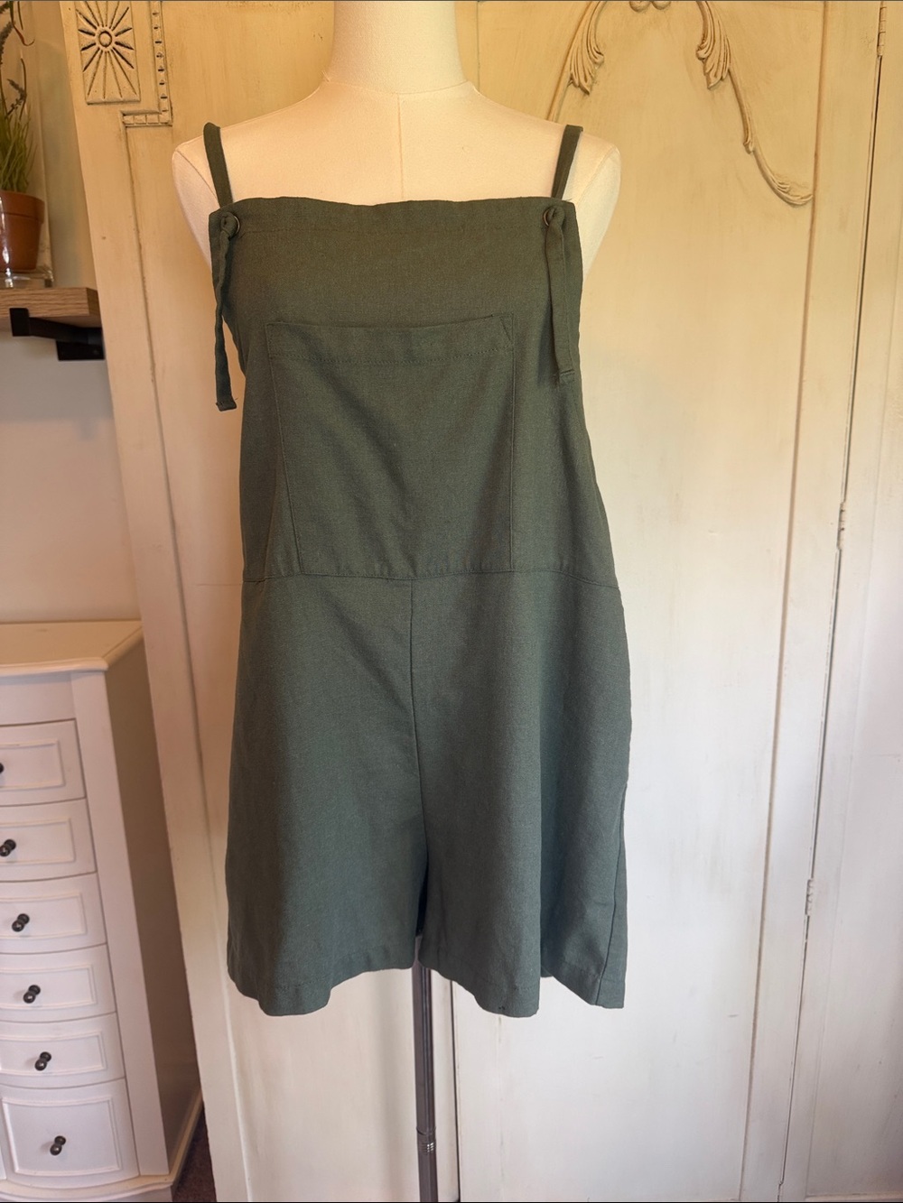 Altar'd State Olive Green Tie-Strap Linen-Blend Shorts Romper